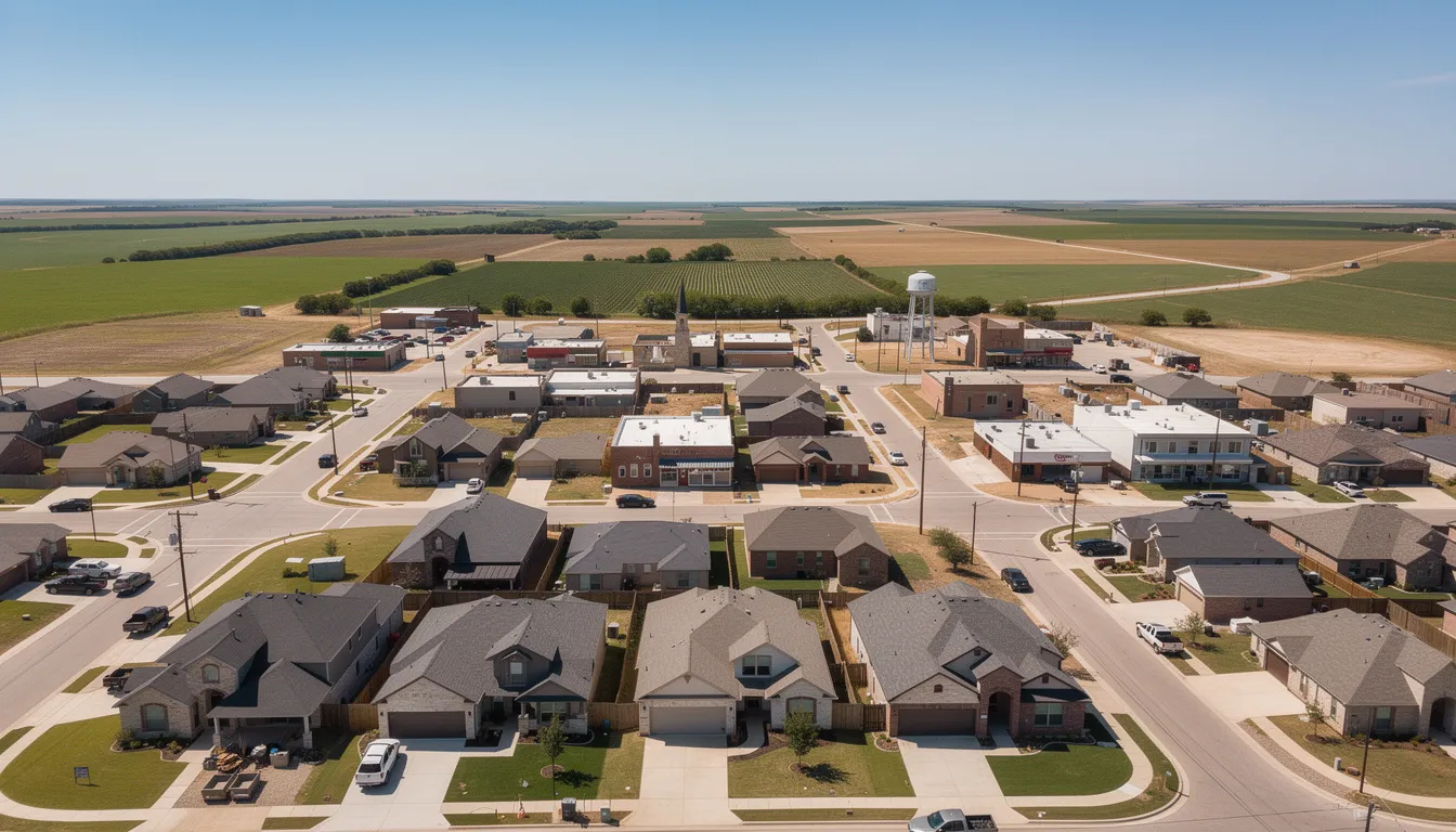 An aerial view captures the small town of Godley, TX, showcasing new residential subdivisions alongside expansive open farmland. In the background, the landscape reflects the charm of northwestern Johnson County, highlighting the town's growth and connection to local history.