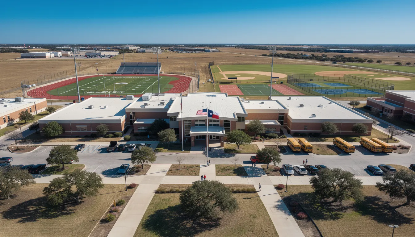 The image depicts a Texas public high school campus located in Godley, TX, featuring well-maintained athletic fields and a spacious parking lot under a clear blue sky on a sunny day. The campus is surrounded by the natural beauty of northwestern Johnson County, reflecting the vibrant community atmosphere.