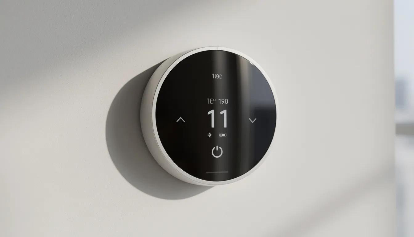 A smart thermostat is mounted on a wall, displaying temperature controls in both metric and imperial units, showcasing the innovative designs that enhance the customer experience in new construction homes. This modern appliance is a key feature in luxury homes, contributing to a comfortable lifestyle in Fort Worth, Texas.