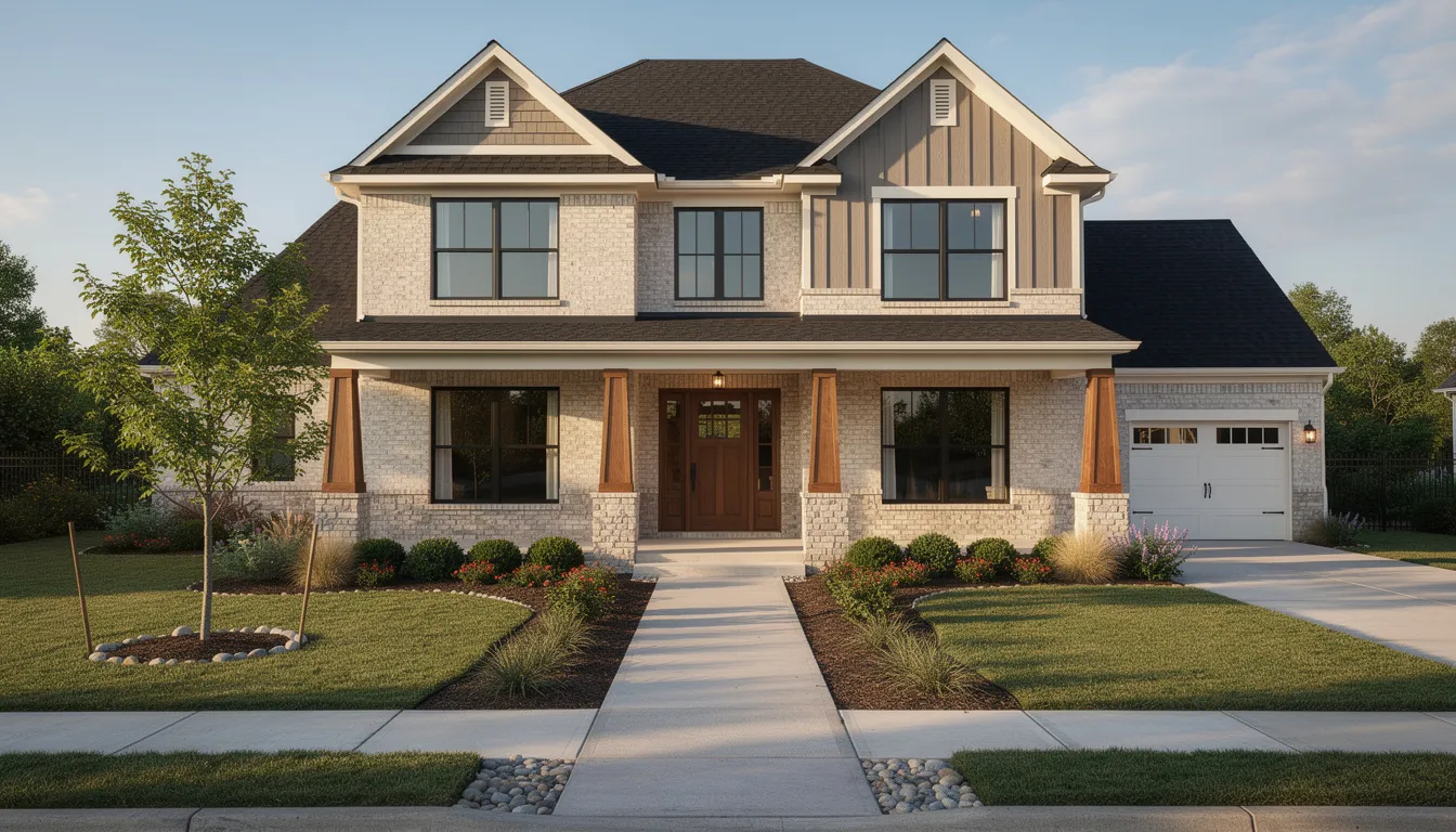 The image features a modern craftsman-style new construction home with a neutral brick exterior, set in a beautifully landscaped front yard. This brand new home, located in Fort Worth, showcases innovative designs that cater to the lifestyle of families seeking their dream home in Texas.