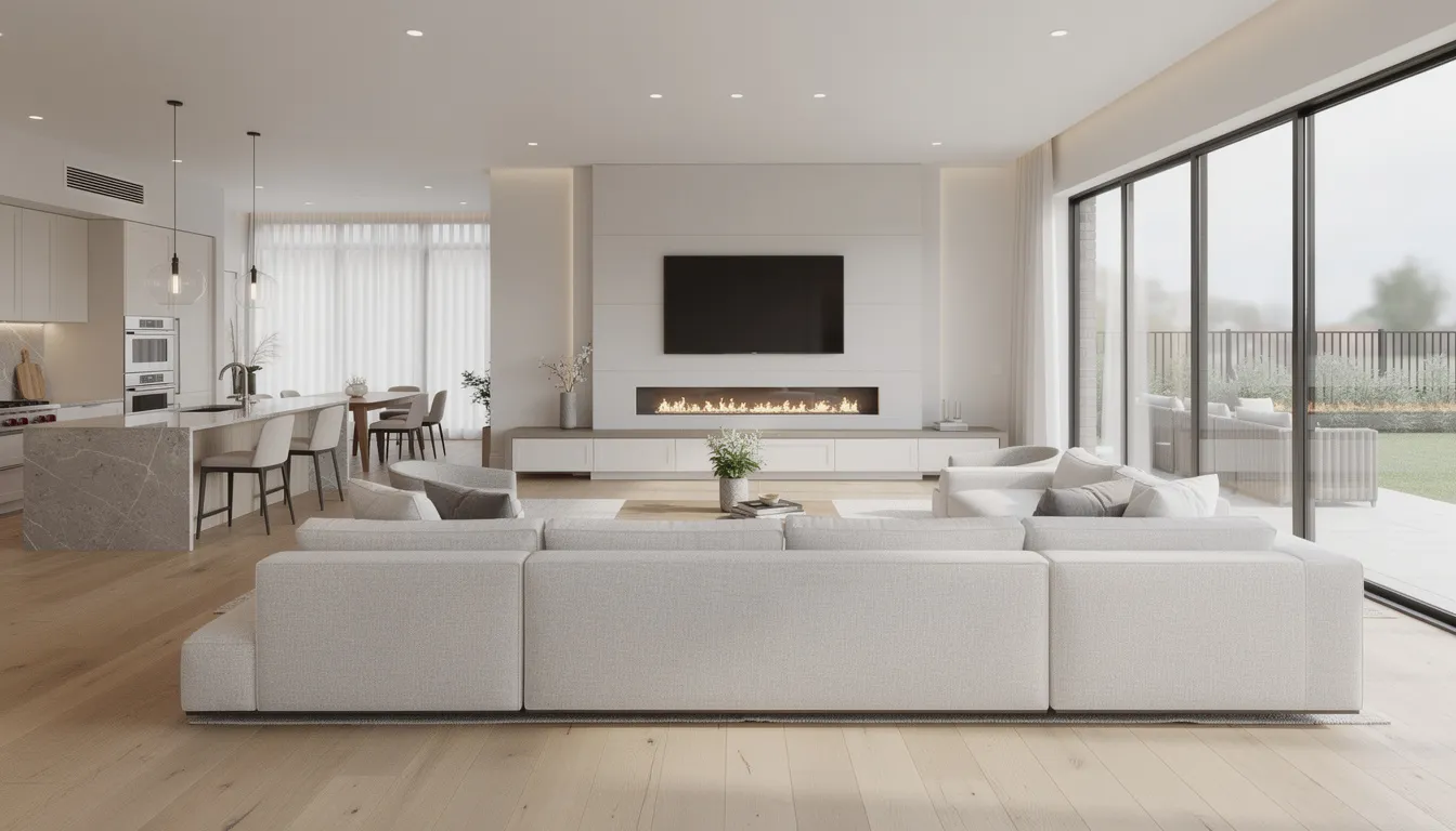 The image depicts a spacious open-concept living room in a brand new home, featuring large windows that allow natural light to flood the space, complemented by modern finishes. This luxurious area is perfect for family gatherings and showcases the innovative designs typical of new construction homes in Fort Worth, Texas.