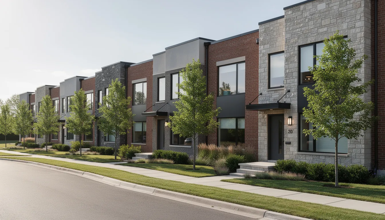 A row of contemporary townhomes featuring elegant brick and stone facades lines a beautifully landscaped street in Fort Worth, TX. The inviting atmosphere of this community offers modern comfort and easy access to amenities, making it an ideal location for families and residents alike.