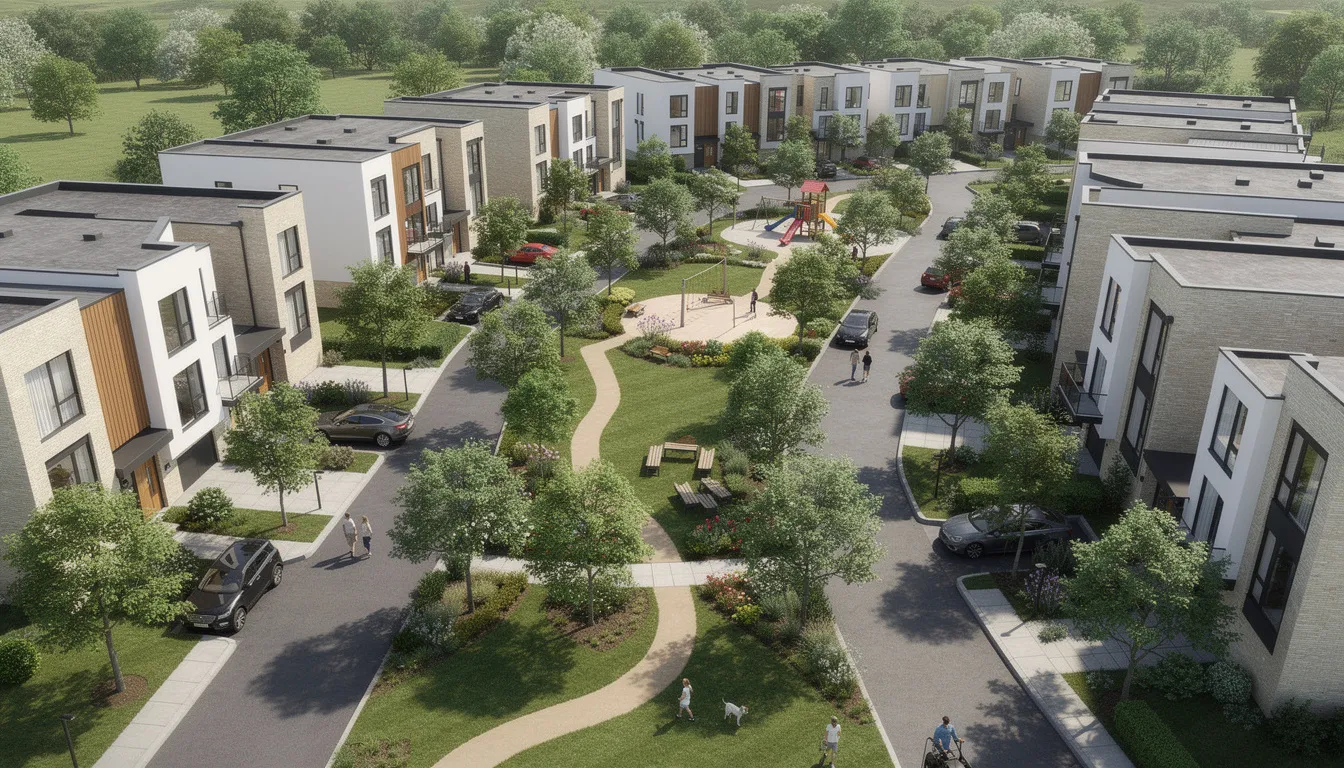 An aerial view showcases a modern townhome community in Fort Worth, TX, featuring tree-lined streets and inviting green spaces that promote a sense of community. The layout emphasizes modern comfort and accessibility, making it an ideal location for residents to enjoy family-friendly amenities and easy access to shopping and dining.