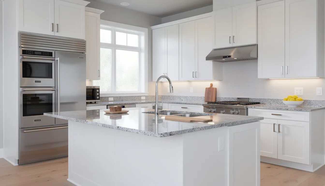 The image depicts a modern kitchen interior featuring sleek white cabinets, elegant granite countertops, and high-end stainless steel appliances, creating an inviting atmosphere perfect for family gatherings. This stylish space exemplifies modern comfort, ideal for those exploring luxury townhomes in Fort Worth, TX.