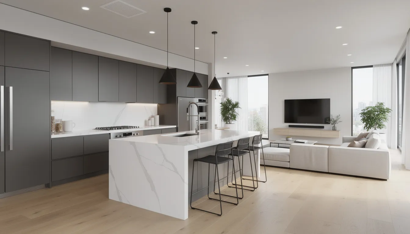 The image showcases a modern open-concept kitchen and living room featuring sleek gray cabinets, a spacious island, and large windows that allow plenty of natural light. This inviting space is ideal for prospective property consumers looking for affordable homes with modern upgrades in a peaceful setting.