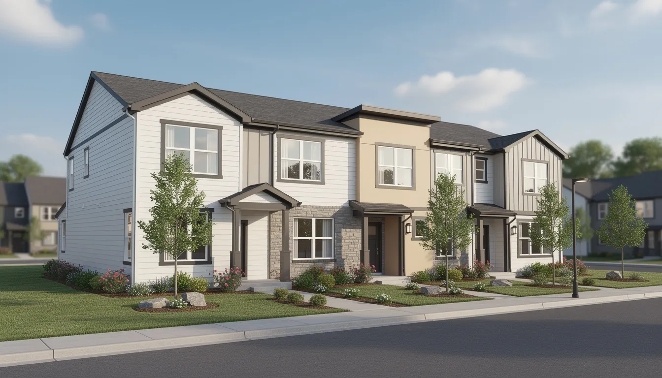The image depicts a row of newly constructed townhomes featuring modern siding and beautifully landscaped front yards, all situated in a peaceful suburban setting. These affordable homes offer prospective property consumers an opportunity to find quality living spaces ideally located near schools and trails, with easy access to city amenities.