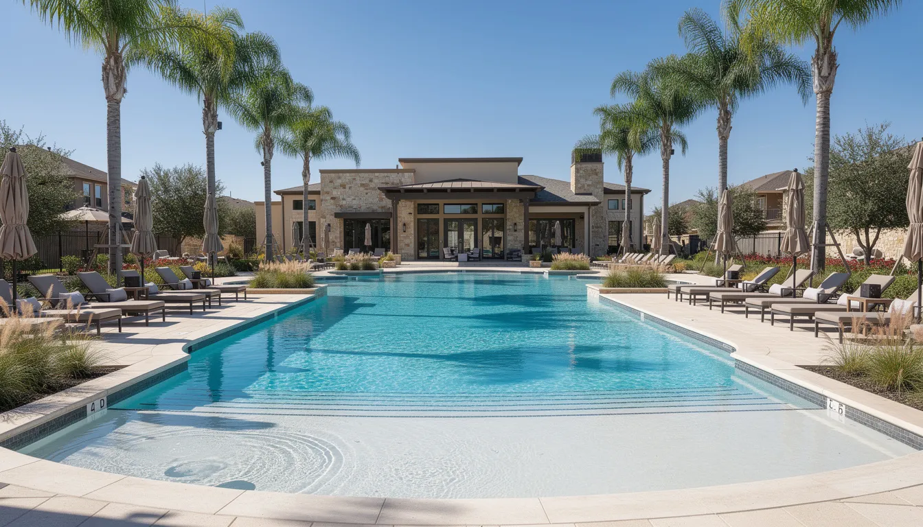 The image depicts a resort-style community pool surrounded by palm trees and lounge chairs, set within a master-planned community in Texas. This peaceful setting offers an ideal opportunity for prospective property consumers to discover affordable homes under 300k, with easy access to modern upgrades and amenities.