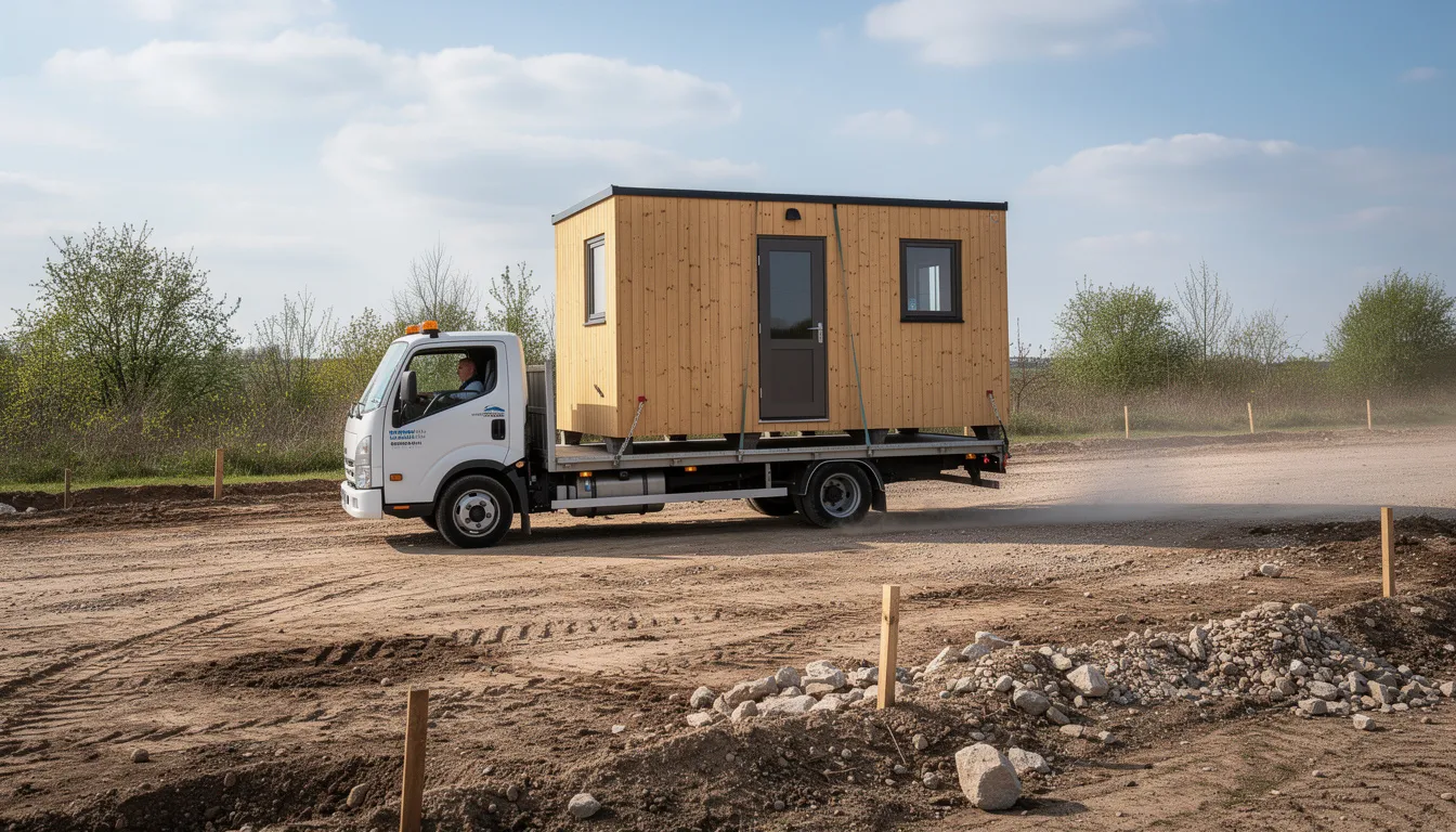 A delivery truck is backing a small cabin structure onto a cleared lot, showcasing a high-quality tiny home that could be part of a rent to own program. This scene represents the beginning of a personal retreat, offering flexible financing options for those looking to own their dream building.