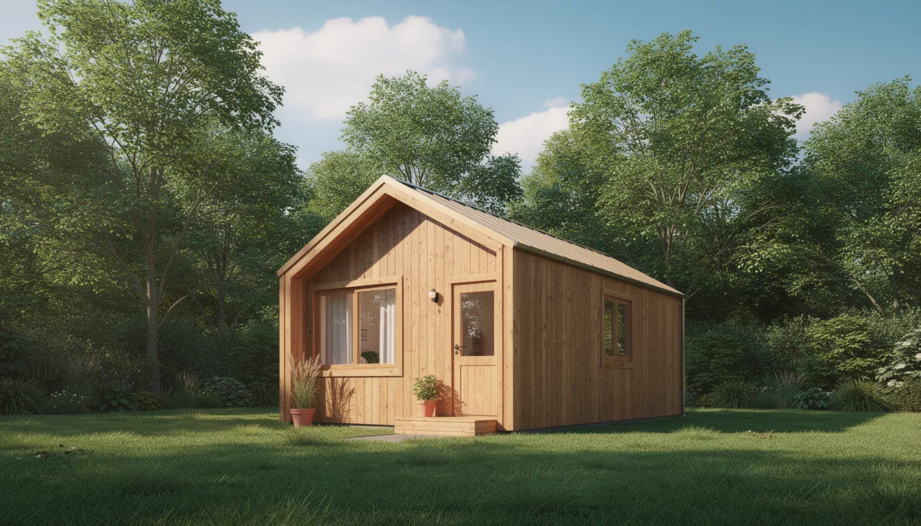 A small, cozy wooden tiny home sits on a lush green lot, surrounded by trees, offering a perfect personal retreat. This charming tiny house represents an affordable option for those interested in rent to own programs, providing flexible financing and the opportunity to create your dream living space.