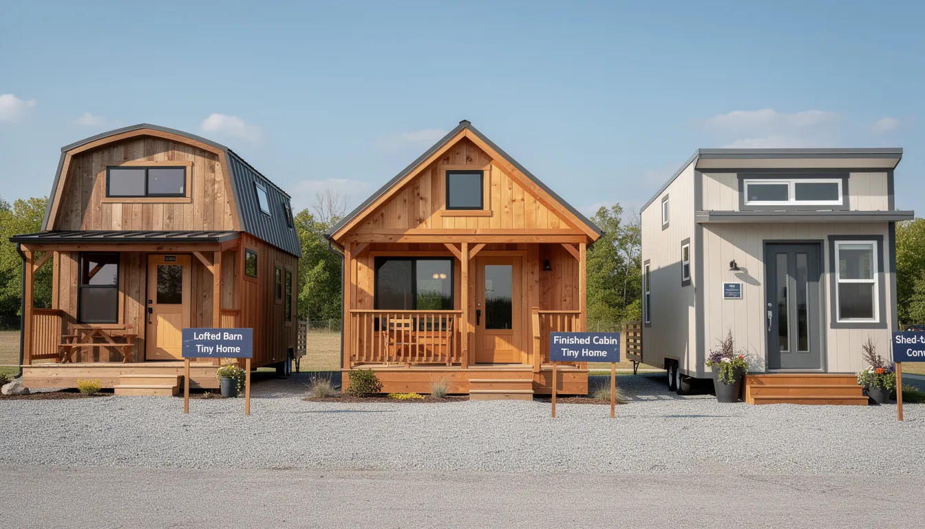 The image features a row of various tiny home styles, including a lofted barn, a finished cabin, and a shed-to-home conversion, showcasing options for affordable monthly payments through rent to own programs. Each structure highlights the potential for personal retreats or extra space, inviting viewers to consider the benefits of owning a tiny home.