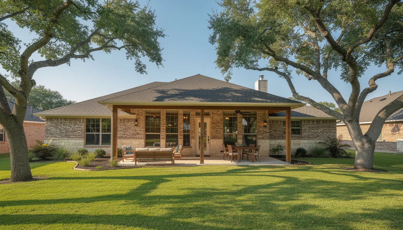 The image depicts a charming Texas-style home in Weatherford, featuring a spacious covered patio, a lush green lawn, and majestic oak trees, embodying the essence of Parker County living. This hidden gem is perfect for families seeking a tranquil environment in the heart of the cutting horse capital of the world.