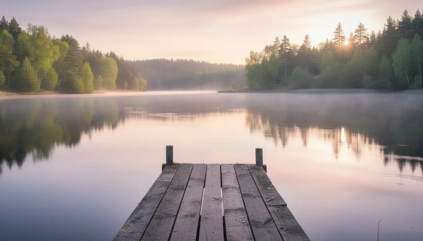 The image depicts a serene lake surrounded by lush trees, with a wooden dock extending into the water, creating a tranquil atmosphere perfect for relaxation. This hidden gem in Parker County, Texas, offers a peaceful retreat away from the hustle and bustle, ideal for families looking for homes for sale in Weatherford, TX.