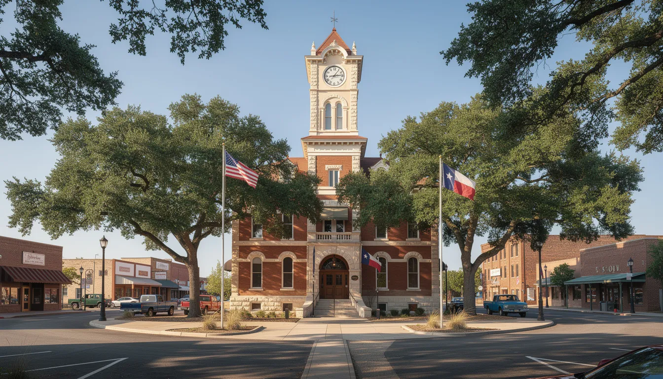 The image depicts a historic Texas courthouse surrounded by lush trees, situated in a charming town square, reflecting the rich history of Weatherford, TX, often referred to as the cutting horse capital. This hidden gem in Parker County is a focal point for the community, embodying the hustle and bustle of local life.