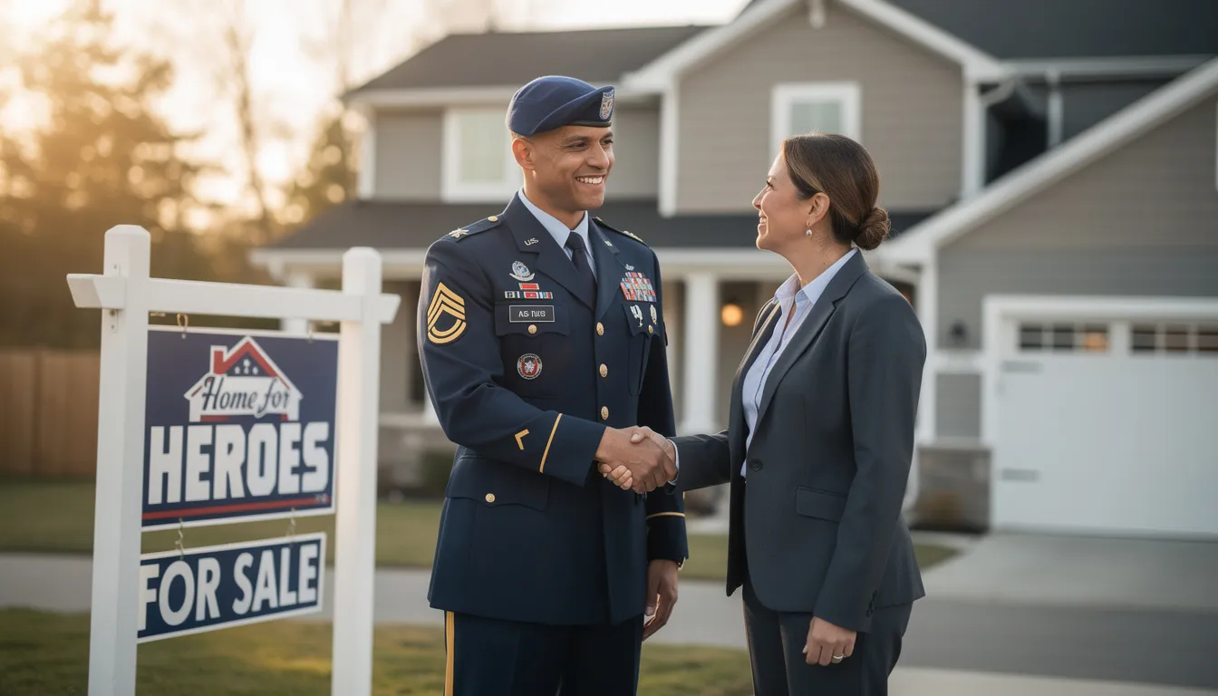 The image shows a military service member, in uniform, shaking hands with a real estate professional, symbolizing the partnership between eligible Texas veterans and the Texas Veterans Land Board for housing assistance programs. This moment highlights the support available for veterans in purchasing a primary residence through low-interest VA loans and payment assistance for closing costs.