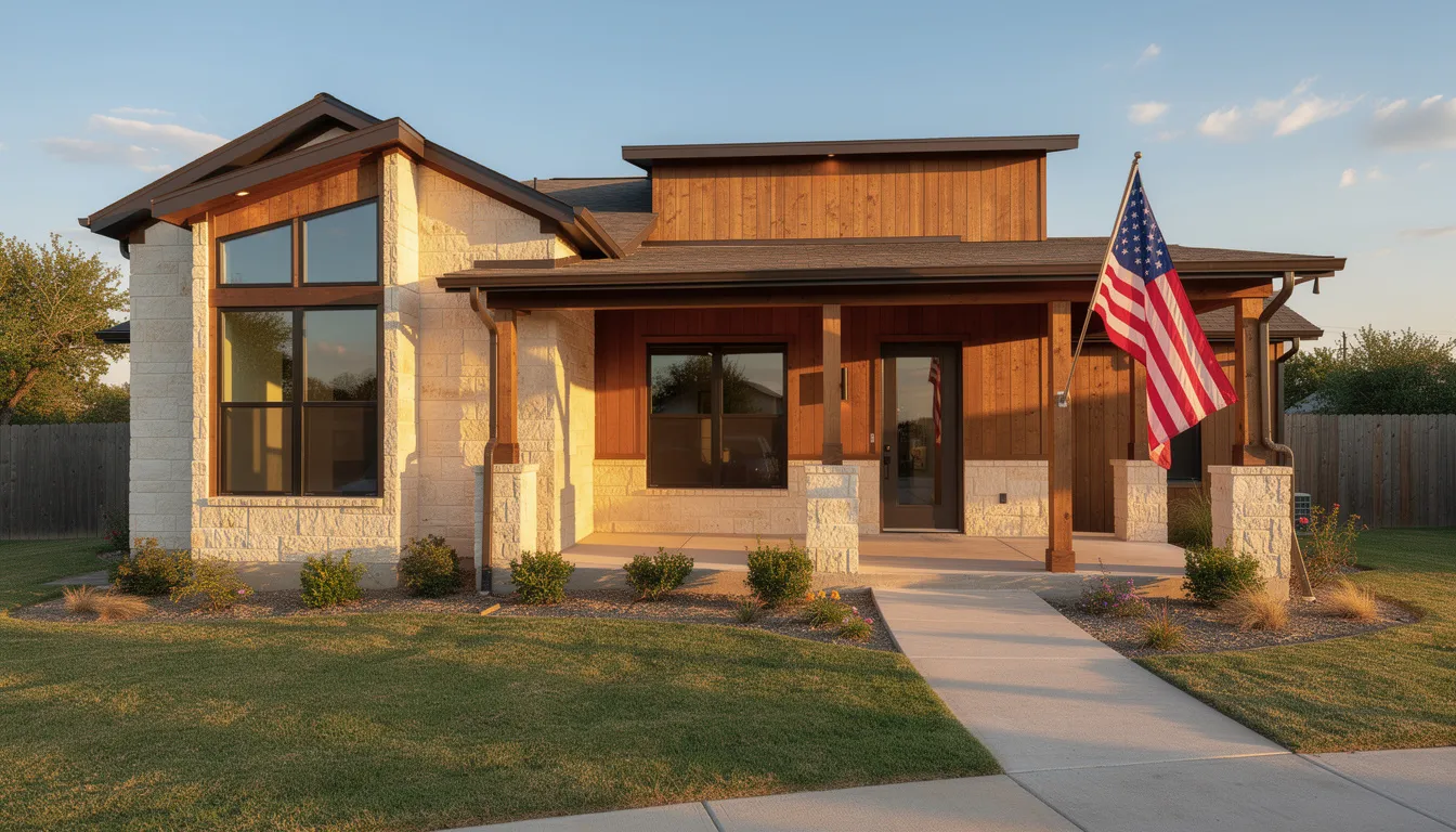 The image shows a modern Texas home with a welcoming front porch adorned with an American flag, symbolizing patriotism. This residence could be a primary residence for eligible Texas veterans seeking housing assistance programs, including low-interest VA loans and payment assistance options.