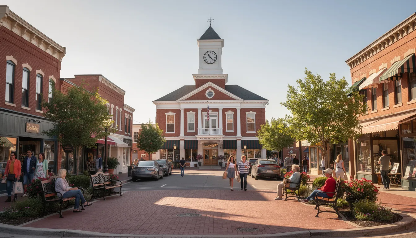 The image depicts a quaint courthouse square in downtown Weatherford, Texas, featuring historic buildings and pedestrians strolling along charming storefronts. The scene captures the essence of small-town life with a vibrant community atmosphere, surrounded by trees and rich local history.