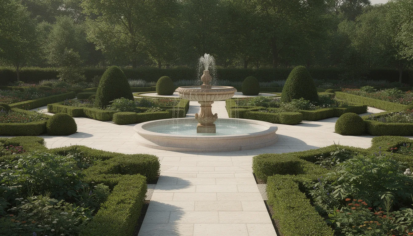 The image depicts a formal garden featuring elegant stone pathways winding through lush greenery, with a serene water fountain at its center, creating a tranquil atmosphere perfect for visitors to enjoy in Weatherford, Texas. This picturesque setting invites residents and tourists alike to explore the beauty of the outdoors, reminiscent of the charming gardens found in the Weatherford area.