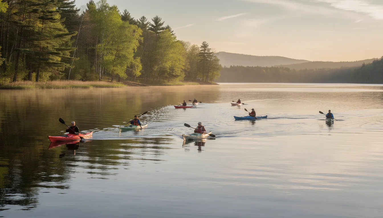 The image depicts a calm lake in Parker County, Texas, where kayakers are paddling leisurely near a tree-lined shore, creating a serene atmosphere perfect for outdoor activities. The lush greenery along the banks adds to the natural beauty of the area, inviting residents and visitors to enjoy the tranquil setting.