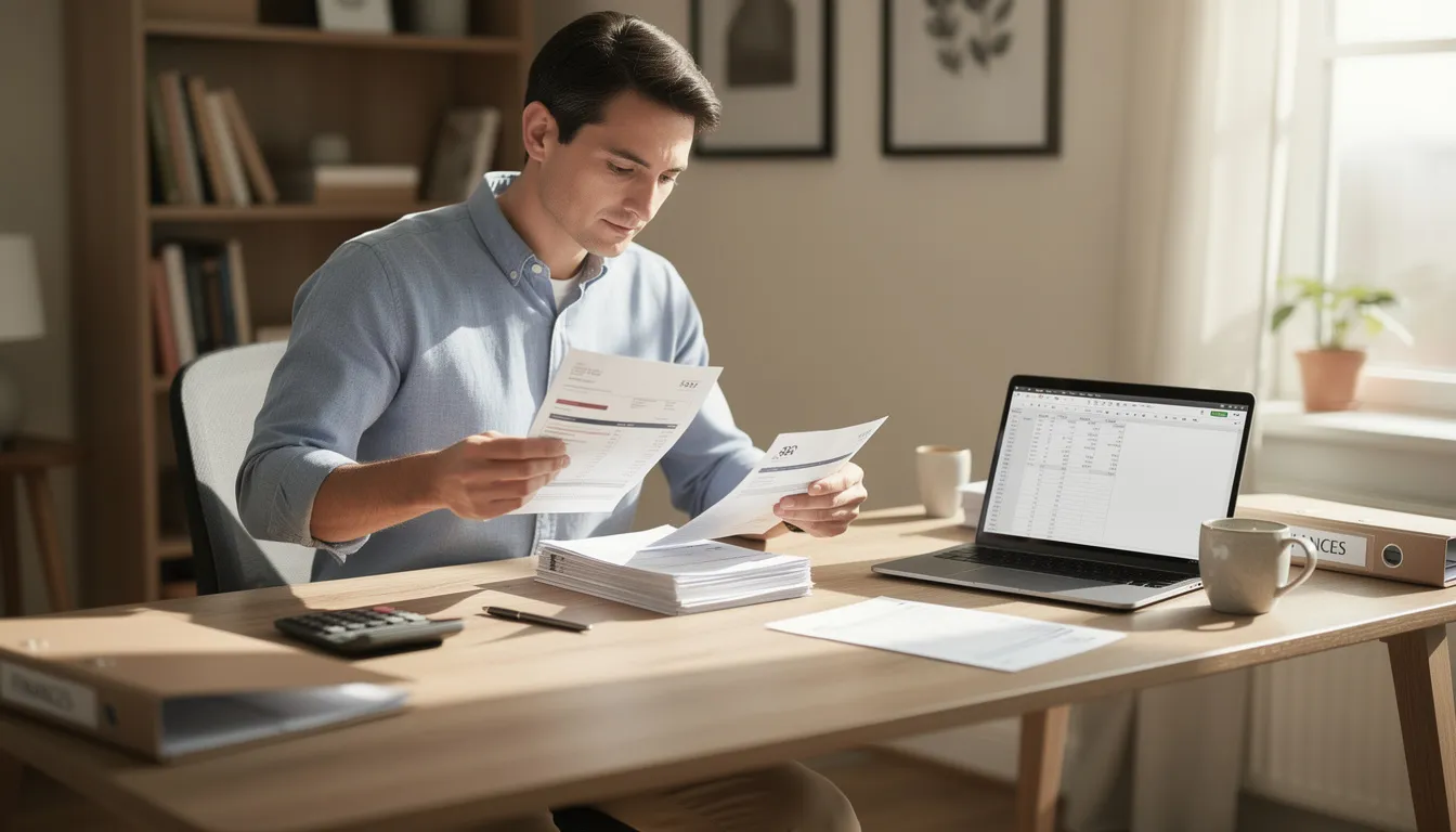 A person is seated at a home office desk, meticulously organizing various financial documents such as bank statements, tax returns, and a credit report, essential for the mortgage loan application process. This scene reflects the preparation needed for navigating mortgage lenders and understanding key aspects like down payment assistance and monthly payments in the home buying process.