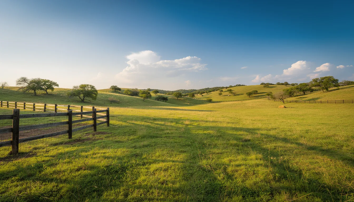 A picturesque rolling ranch landscape in Parker County, showcasing green pastures and wooden fencing beneath a clear blue Texas sky, ideal for those searching for ranches for sale in Weatherford, TX. The scene captures the essence of rural properties and acreage, perfect for potential buyers in the real estate market.