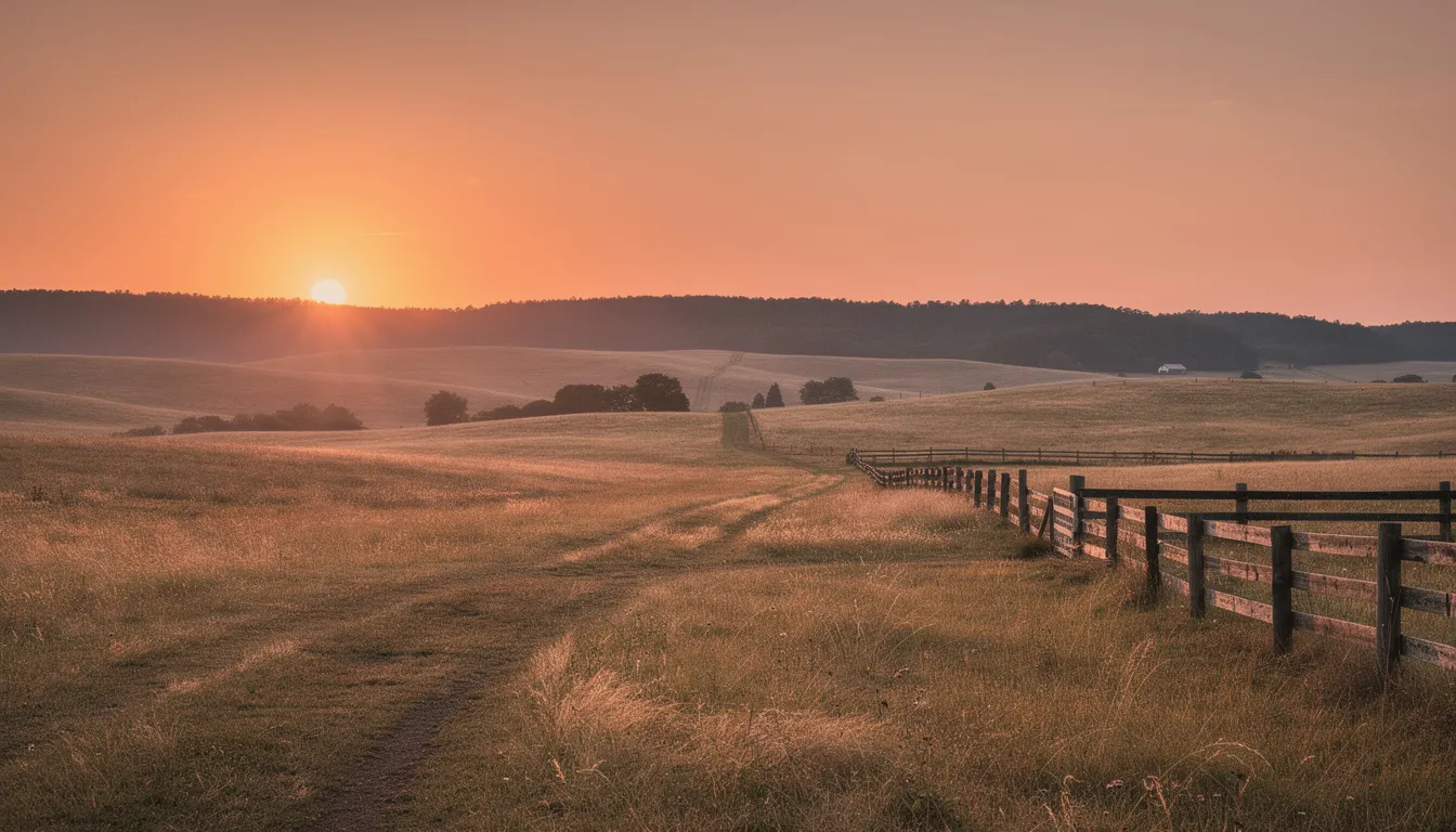 A picturesque ranch in Parker County, Texas, showcases open pastures bathed in the warm glow of a sunset, with a distant tree line framing the horizon. This scenic view highlights potential properties for sale, perfect for those searching for ranches and acreage in Weatherford, TX.