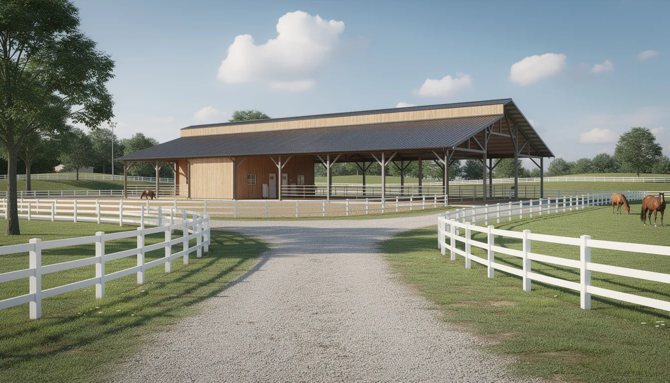 A picturesque horse barn with a covered arena and white fencing is set against a bright, sunny sky, showcasing the beauty of ranch properties in Parker County, Texas. This serene scene highlights the ideal setting for those searching for ranches for sale in Weatherford, TX, perfect for equestrian enthusiasts and farm lovers.