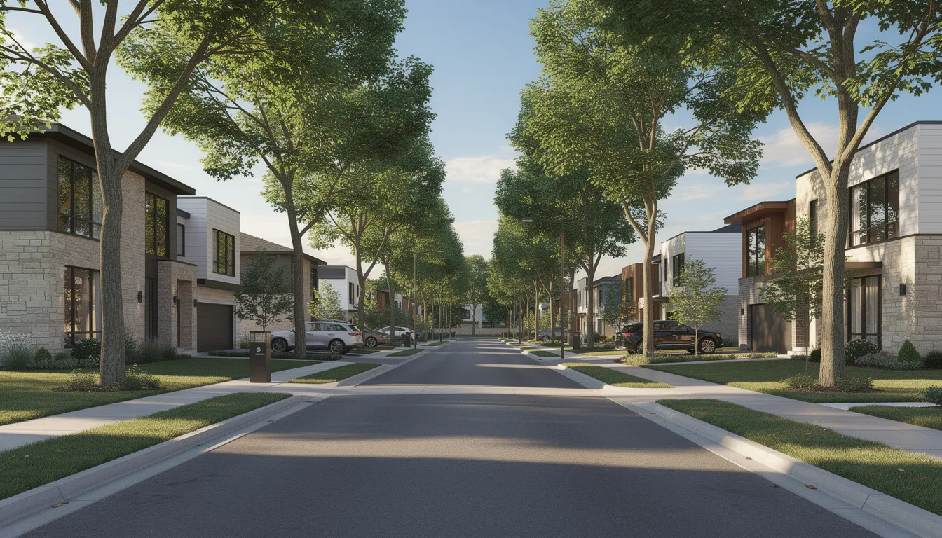 The image depicts a tree-lined residential street featuring new construction homes in Weatherford, Texas, showcasing the small-town charm and modern amenities that define this charming city. The scene reflects a vibrant community spirit, inviting families and visitors alike to discover their dream home in this beautiful area.