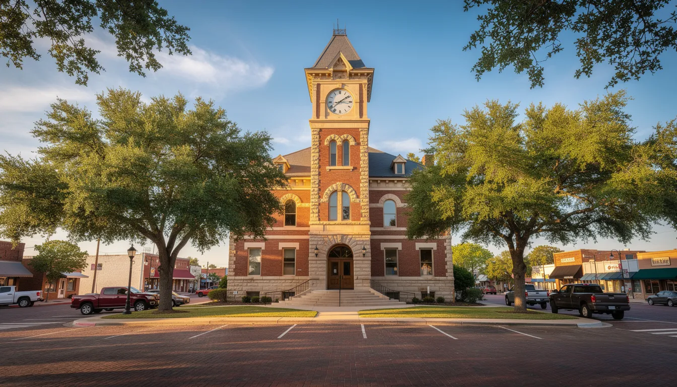 The image depicts a historic Texas courthouse nestled among lush trees, set within a charming town square in Weatherford, Texas. This picturesque scene highlights the rich history and community spirit of the area, inviting visitors and residents alike to explore the beauty and culture of this small town.