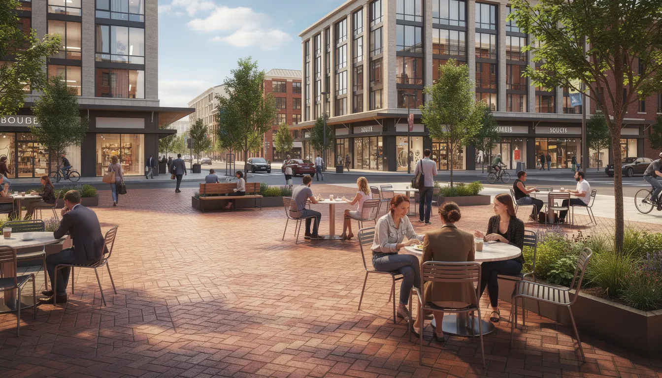 The image depicts a lively urban plaza in downtown Fort Worth, featuring outdoor seating areas where pedestrians stroll along brick sidewalks. The scene captures the vibrant atmosphere of this walkable neighborhood, surrounded by charming homes and local amenities, making it an ideal spot for families and young professionals alike.