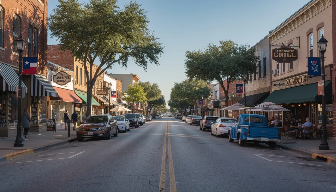 The image depicts a vibrant historic commercial street along Camp Bowie Boulevard in Fort Worth, featuring a variety of local shops and restaurants nestled among charming historic properties. This area showcases the unique character of Fort Worth's cultural district, inviting residents and visitors alike to explore its rich heritage and community spirit.