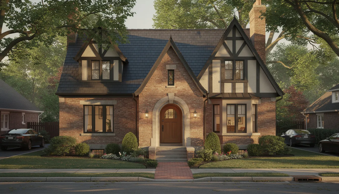 A charming Brick Tudor Revival home with a steep gabled roof and an arched entryway stands on a shaded residential street, reflecting the historic architectural styles found in the neighborhoods of Fort Worth. This picturesque property showcases the character and heritage of the city's historic homes and preservation efforts.