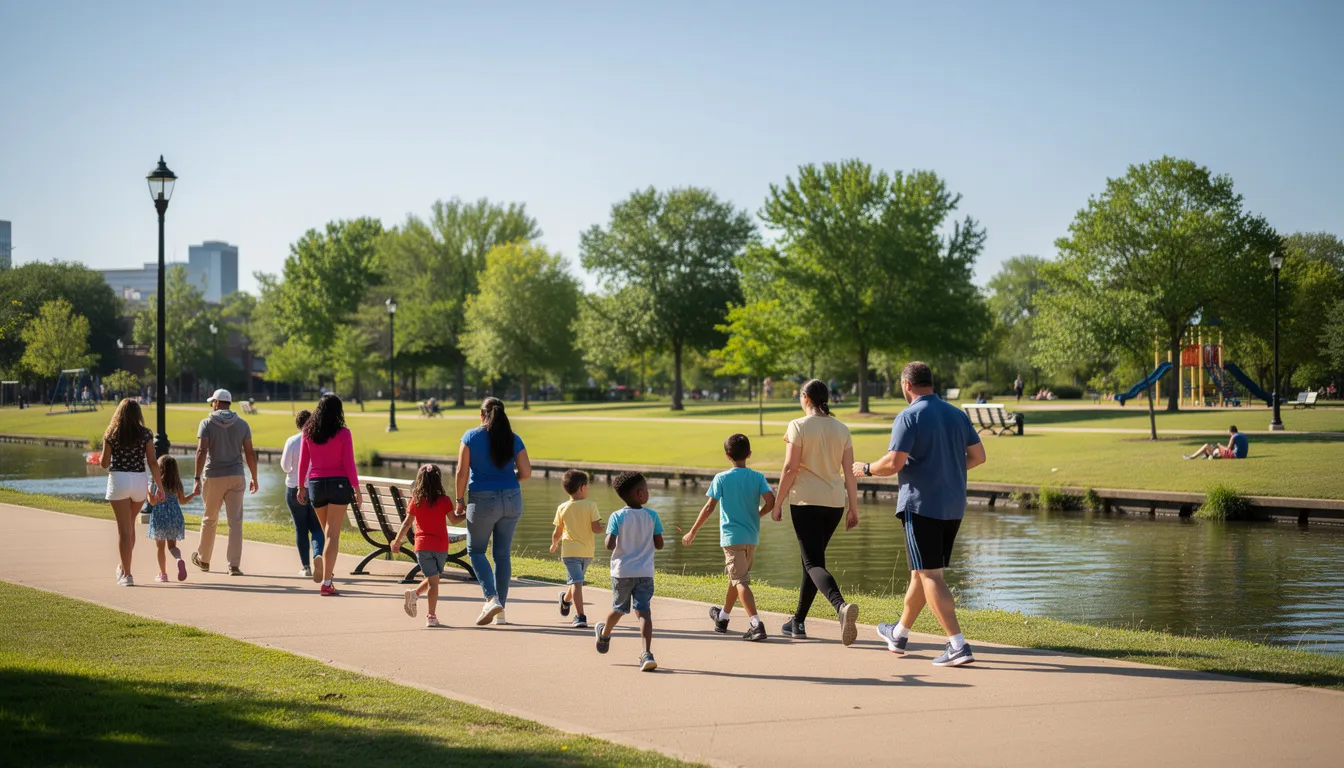 A group of people stroll along a paved trail beside the Trinity River, with lush trees and a park visible in the background, showcasing the natural beauty of Fort Worth's outdoor spaces. This scene highlights the community's connection to nature and the recreational opportunities available in the historic neighborhoods of the Fort Worth area.