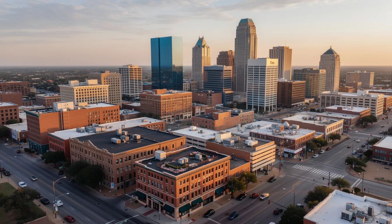 An aerial view of downtown Fort Worth showcases a vibrant skyline that blends historic brick buildings with modern glass towers, highlighting the city's unique architectural mix. Key landmarks such as the Fort Worth Convention Center and Bass Performance Hall are visible, reflecting the culture and entertainment options available in this bustling Texas city.