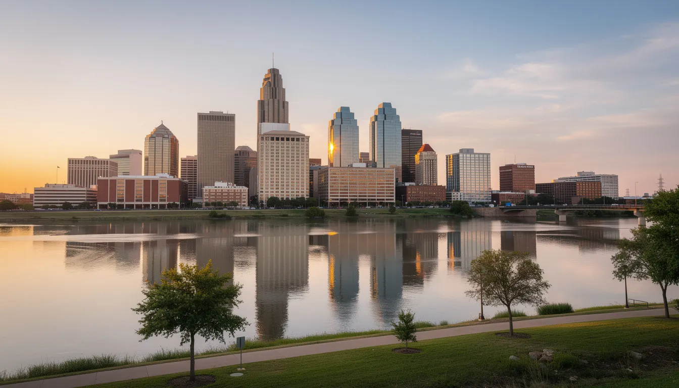 The image showcases the vibrant downtown Fort Worth skyline, with the Trinity River gracefully flowing in the foreground. This scene highlights the luxury living experience in Fort Worth, Texas, surrounded by dining options and entertainment venues.