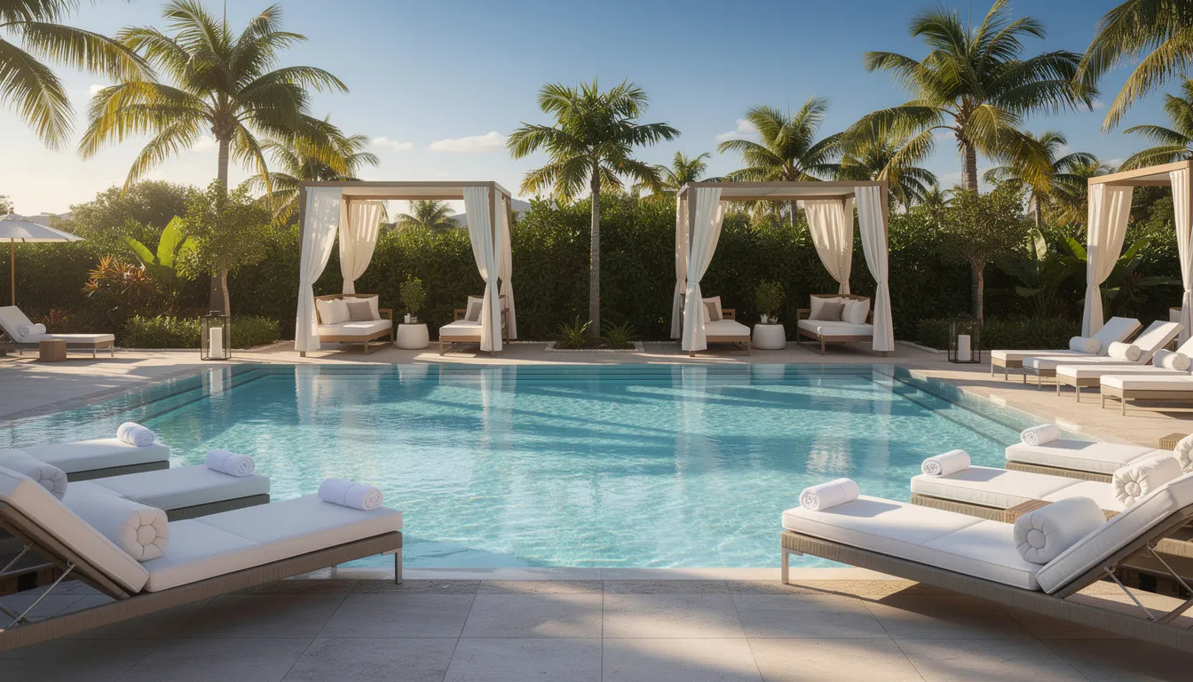 The image showcases a resort-style swimming pool surrounded by lounge chairs and cabanas, perfect for enjoying luxury living in Fort Worth, Texas. This inviting outdoor space reflects the amenities of luxury apartments, offering residents a relaxing retreat in a vibrant downtown setting.