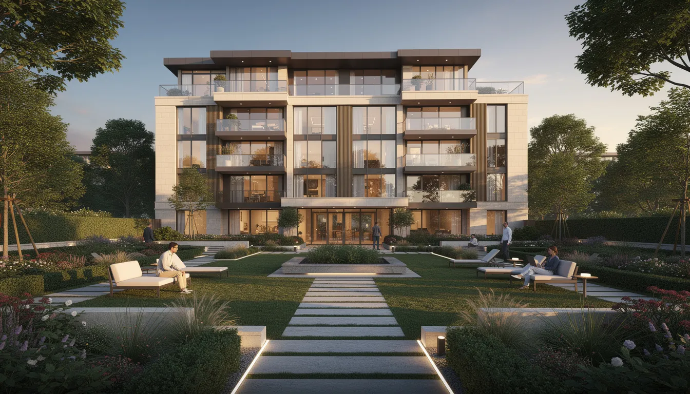 The image showcases a modern luxury apartment building exterior, featuring a beautifully landscaped courtyard with lush greenery. This upscale property, located in downtown Fort Worth, Texas, offers amenities such as designated vehicle spaces and a resort-style pool, embodying the essence of luxury living.