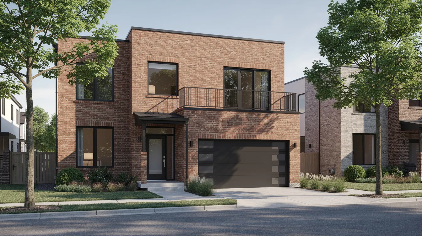 The image features a modern townhome exterior with a stylish brick facade and an attached two-car garage, situated on a tree-lined street in Fort Worth, TX. This inviting property is ideal for those searching for 3 bedroom townhomes for rent, showcasing a contemporary design and convenient access to amenities.