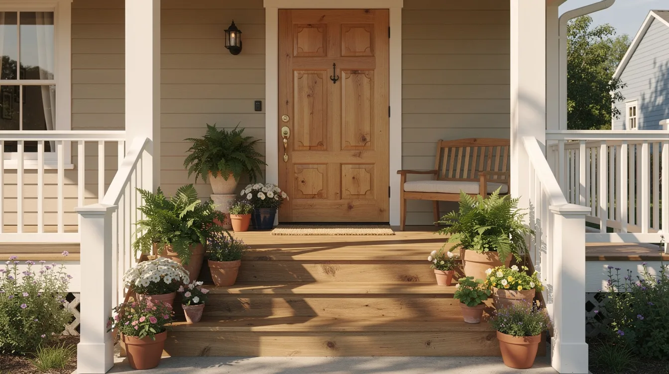 The image depicts a charming front porch featuring vibrant potted plants and a rustic wooden door, creating an inviting atmosphere for visitors. This welcoming entrance reflects the warm, community-oriented spirit of Fort Worth, Texas, where residents enjoy a blend of culture and outdoor life.