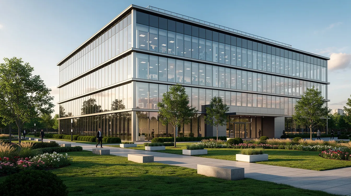 The image depicts a sleek, modern office building featuring expansive glass windows, surrounded by beautifully landscaped greenery. This architectural marvel is situated in a vibrant area of Fort Worth, known for its cultural district and thriving business scene.