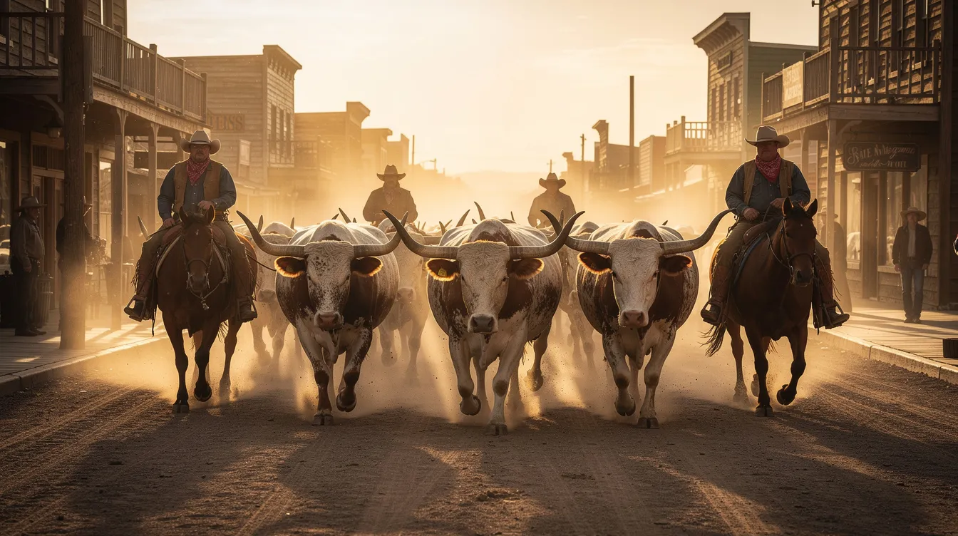 The image depicts longhorn cattle being driven down a dusty street, with cowboys on horseback guiding them through the bustling atmosphere of Fort Worth. This scene captures the essence of Texas culture, reminiscent of the city's rich history and vibrant events like the twice daily cattle drive.