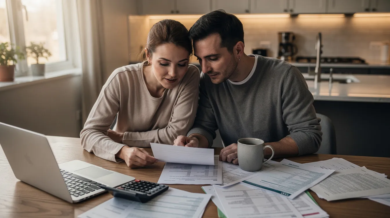 A couple sits at a kitchen table, surrounded by paperwork and financial documents, as they review their mortgage options and discuss the homebuying process. They are likely first-time buyers, considering factors like down payment, closing costs, and interest rates to secure their dream home.