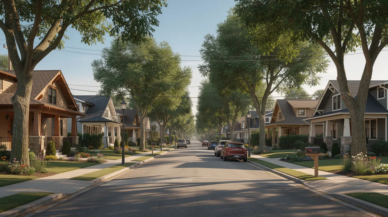 A picturesque tree-lined residential street in Dallas, Texas, features charming craftsman-style homes, showcasing the beauty of real estate in the city. This inviting neighborhood is perfect for those moving to the area and looking to find their dream home.