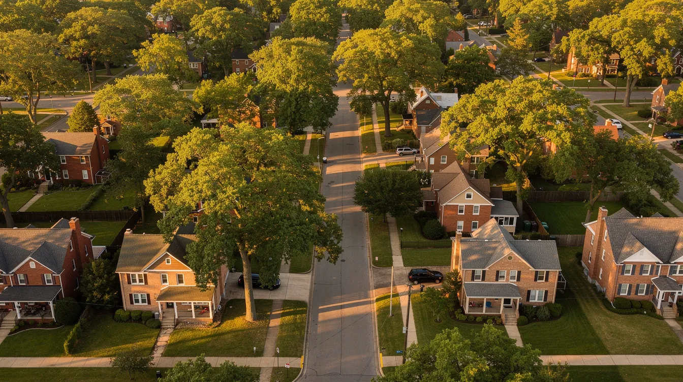 An aerial view captures tree-lined residential streets in southwest Fort Worth, showcasing charming brick homes surrounded by mature oak trees. This family-friendly neighborhood is perfect for community life, offering access to local shops and services.