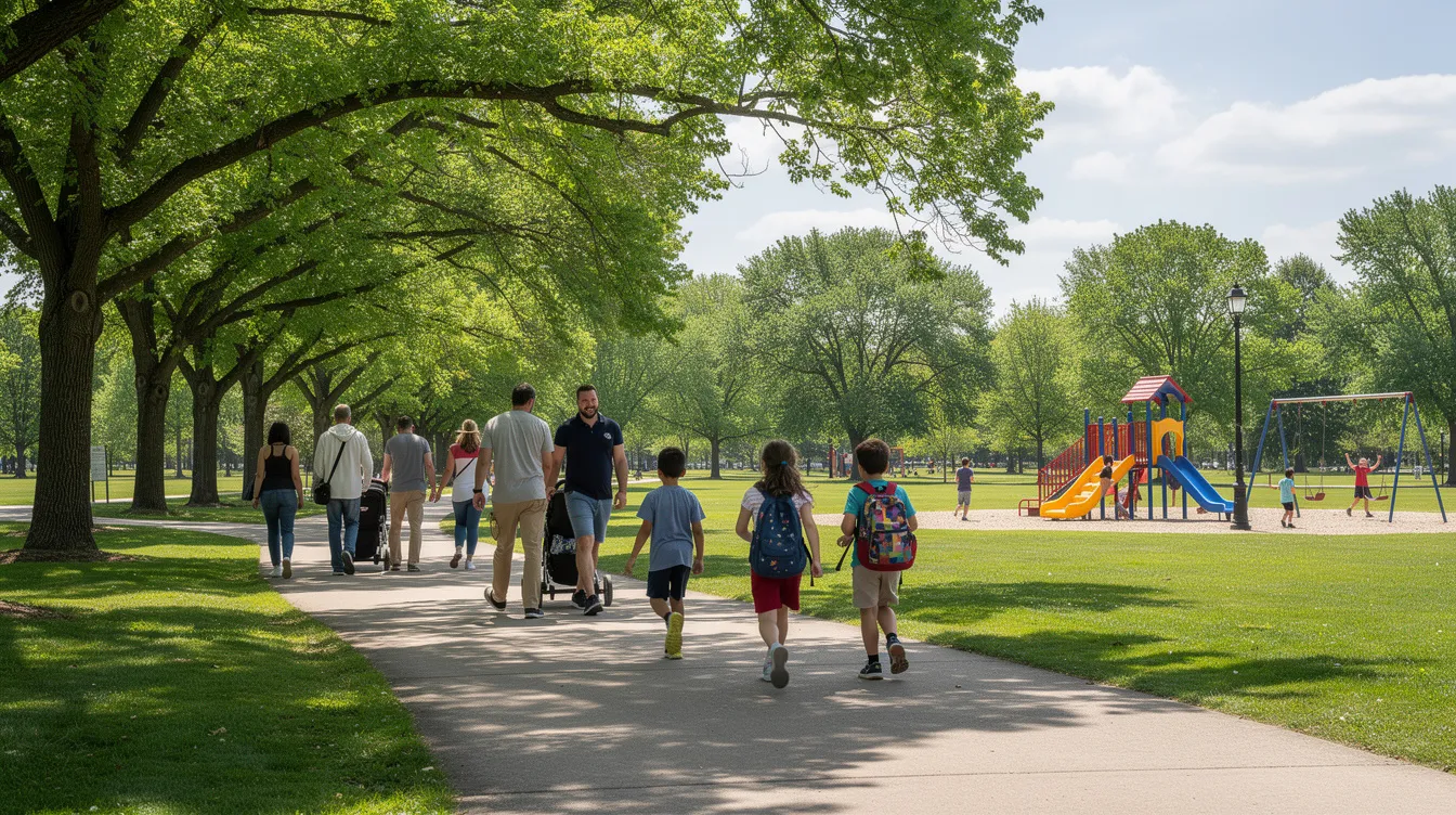 A family strolls along a paved trail in a park surrounded by lush green trees, with a playground visible in the background, creating a vibrant scene of community life in southwest Fort Worth, Texas. This family-friendly environment invites residents and visitors to explore the area's outdoor spaces and enjoy quality time together.