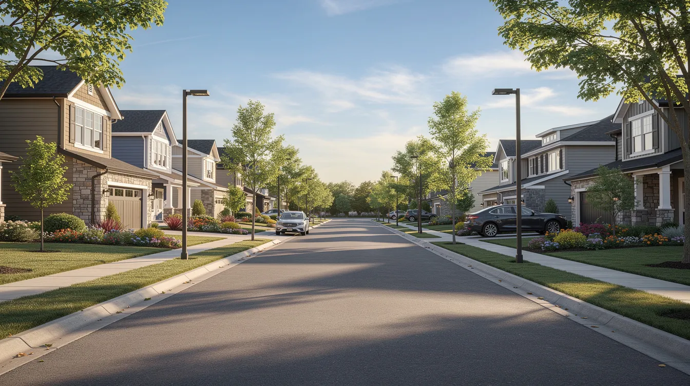The image depicts a tree-lined suburban street in Fort Worth, Texas, featuring newly constructed homes with well-maintained landscaped yards, ideal for families and young professionals looking for suburban comfort. The scene reflects a vibrant community atmosphere within the metro area, offering easy access to local amenities and outdoor activities.