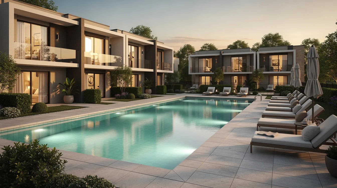 The image shows a serene pool area located beside a row of modern townhomes in Fort Worth, TX, offering residents a luxurious space to unwind and enjoy community amenities. The inviting blue water reflects the sunny sky, creating a perfect setting for families to relax and socialize.