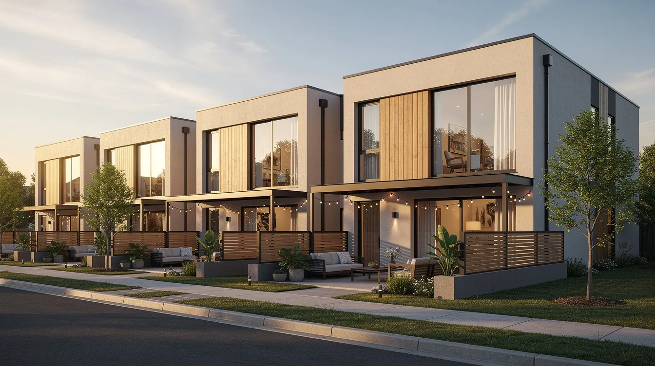 The image depicts modern townhomes with spacious patios, set in a welcoming neighborhood in Fort Worth, Texas. These residences are designed for comfort and convenience, offering quality amenities for families and individuals alike.
