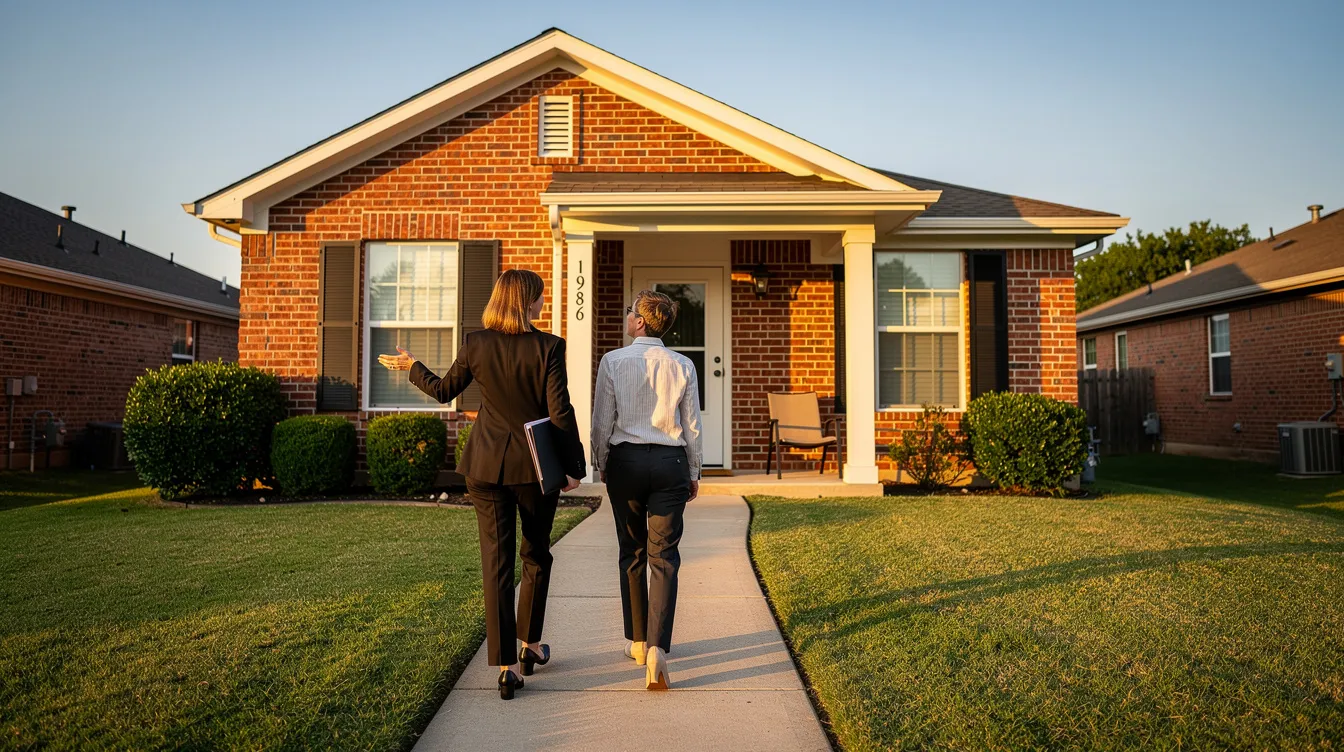 A real estate agent and a buyer are walking towards a charming brick home in Fort Worth, ready to explore the property as part of their search for the perfect sale. The scene captures an important step in the home-buying experience, showcasing the agent's role in helping clients navigate the market.