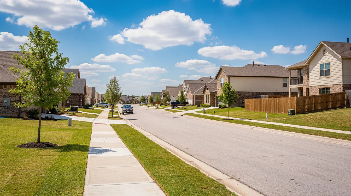 The image depicts a modern Fort Worth neighborhood featuring new homes lined along sidewalks under a clear blue sky, showcasing a vibrant community ideal for clients searching for real estate opportunities. This scene reflects the active market for selling homes in the area, making it an important reference for potential sellers and buyers alike.