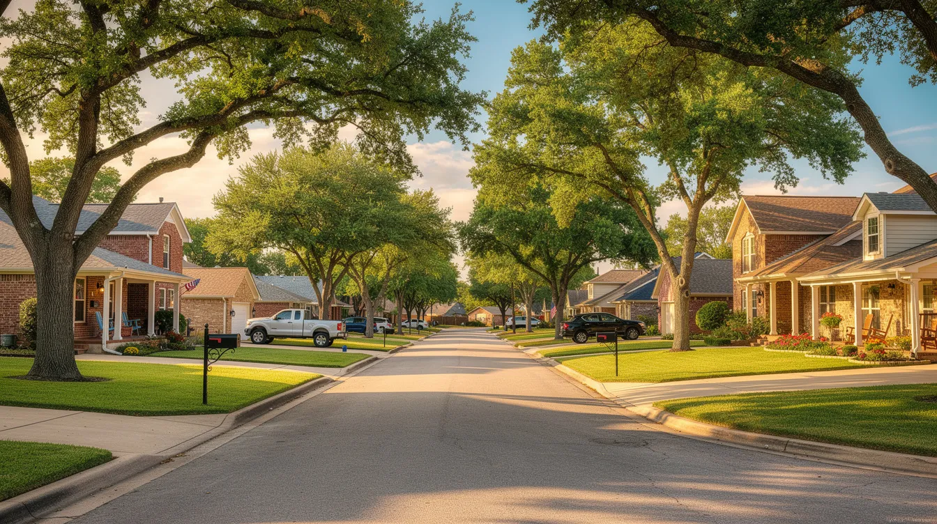 The image depicts a charming residential street in Fort Worth, lined with mature trees and elegant brick homes, creating a warm and inviting atmosphere for potential buyers and sellers in the real estate market. This picturesque setting highlights the appeal of the area for clients looking to find their dream home.